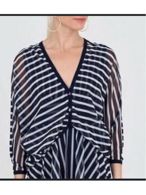 Fuzzi Navy White Striped Sheer Blouse M Y2K Jean Paul Gauthier